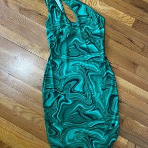 Malachite pattern Vibrant Green Swirl Halter Mini Dress - slinky and striking
